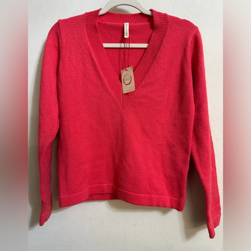 Anthropologie RAGA Deep V Neck Sweater Pink Coral Knit Size XS NWT